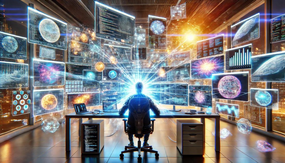 Illustration of a person seated at a desk surrounded by glowing screens and floating data visualizations.